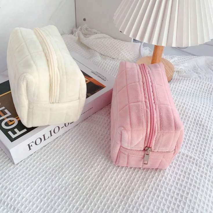 Sac De Maquillage Élégant En Velours Uni, 1 Pièce, Parfait Pour Le Rangement De Cosmétiques